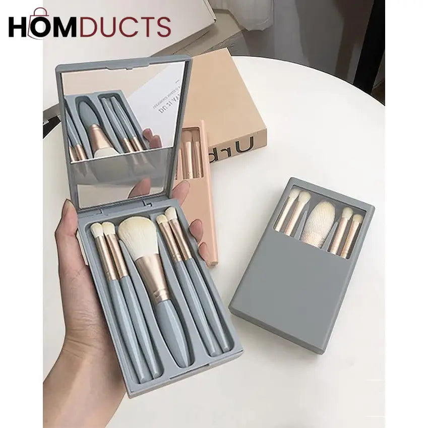 Compact Travel Makeup Brush Set with Mirror – 5-Piece Portable Cosmetic Brushes in Case for Face & Eyes