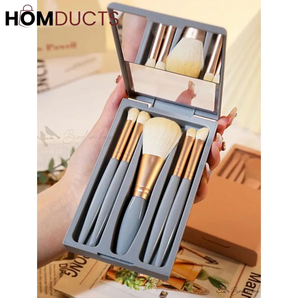 Compact Travel Makeup Brush Set with Mirror – 5-Piece Portable Cosmetic Brushes in Case for Face & Eyes