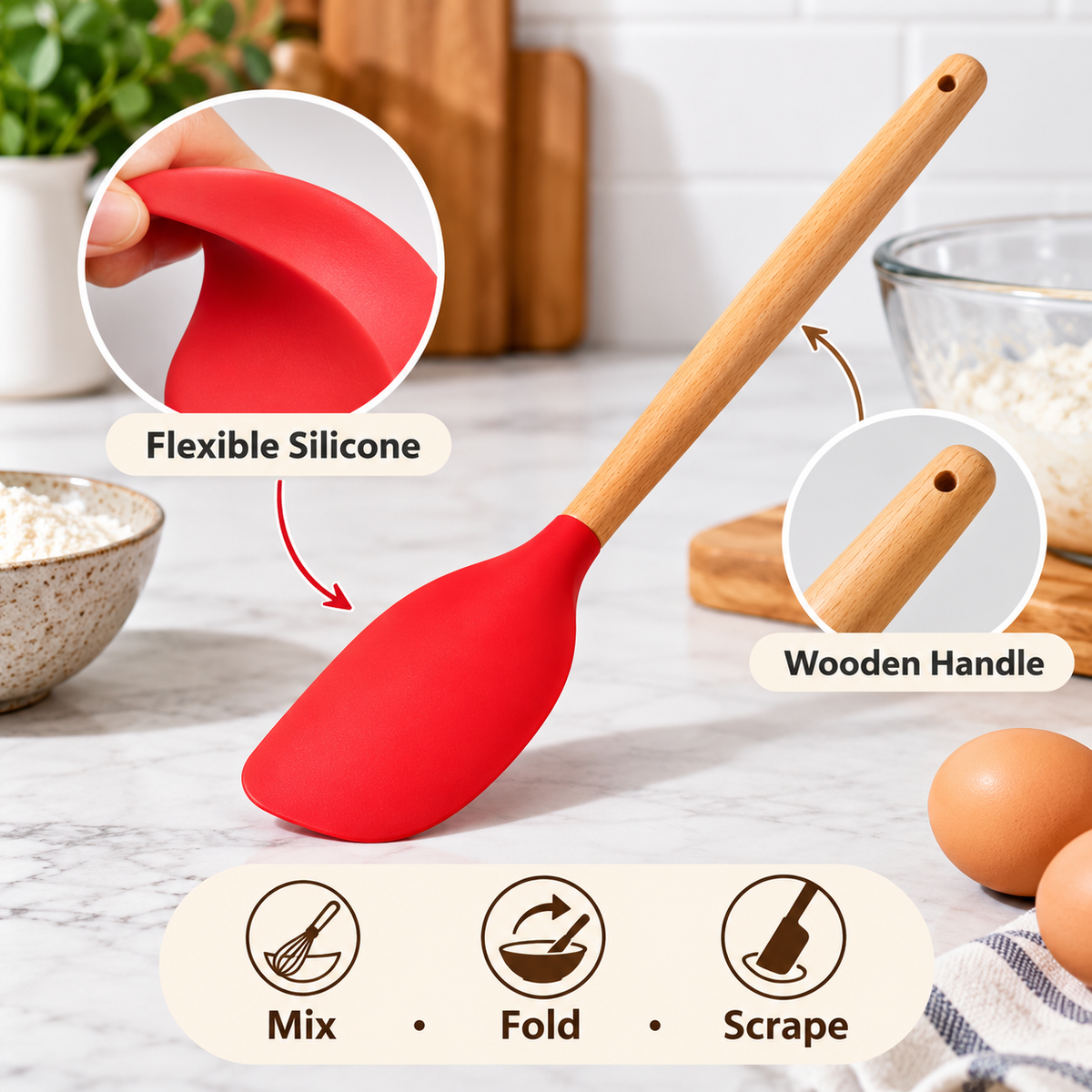 Silicone cooking spatula material and usage features