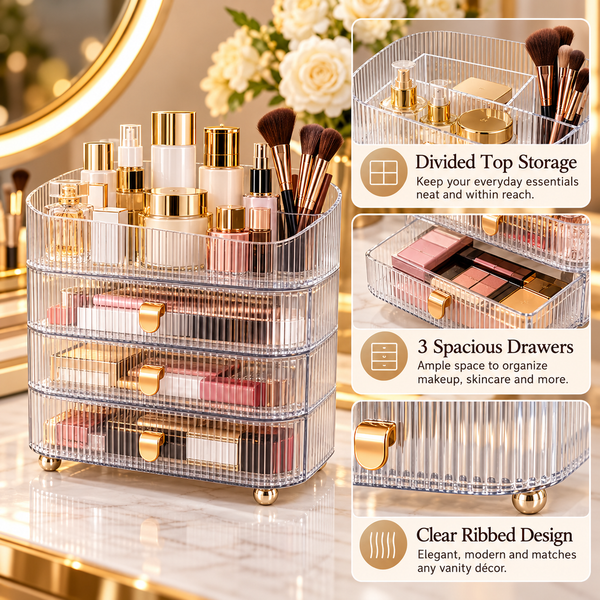 Clear three drawer cosmetic organizer storage features