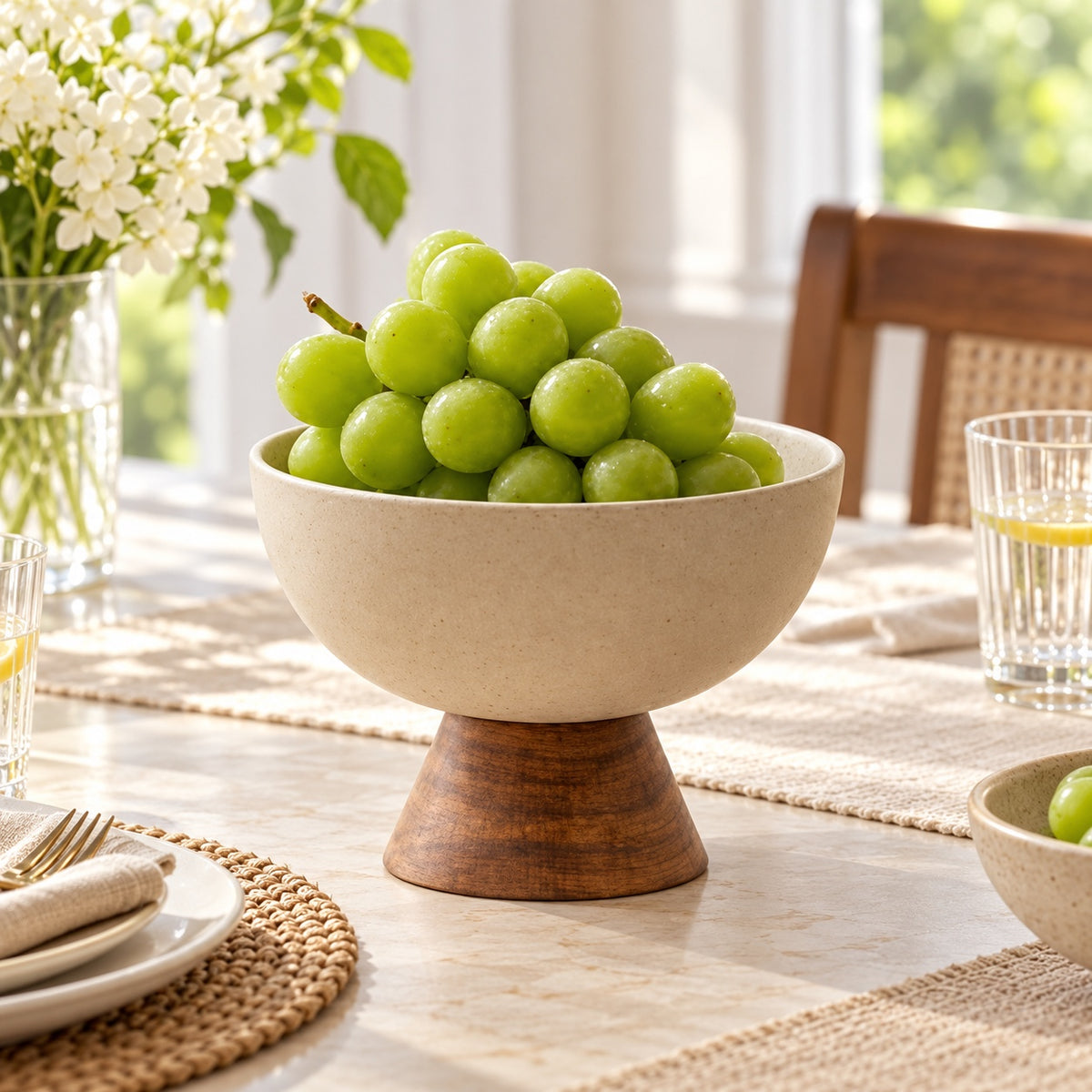 Cream pedestal serving bowl in a premium dining setting