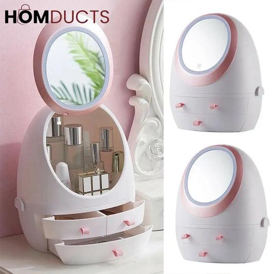 Creative Egg Shape Cosmetic Organizer With Led Mirror White J & C