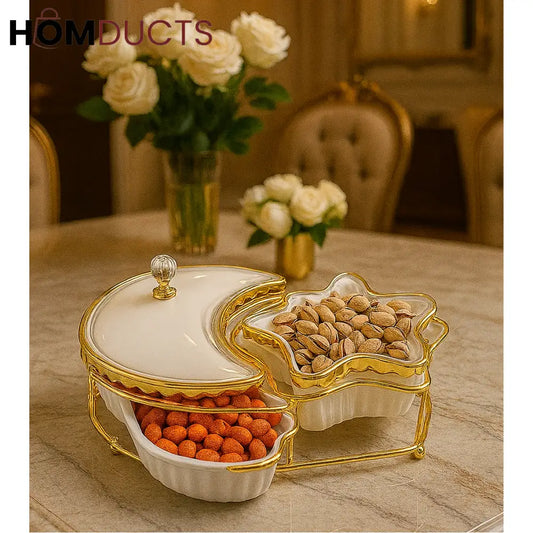 Crescent & Star Luxury Snack Server – Gold Rim Ceramic Set