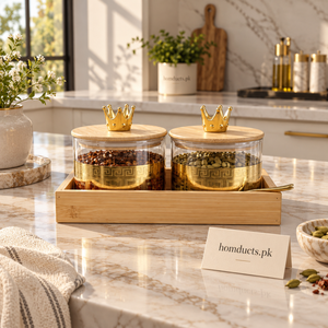 Crown Glass Jar Set with Wooden Tray – 3 Pieces