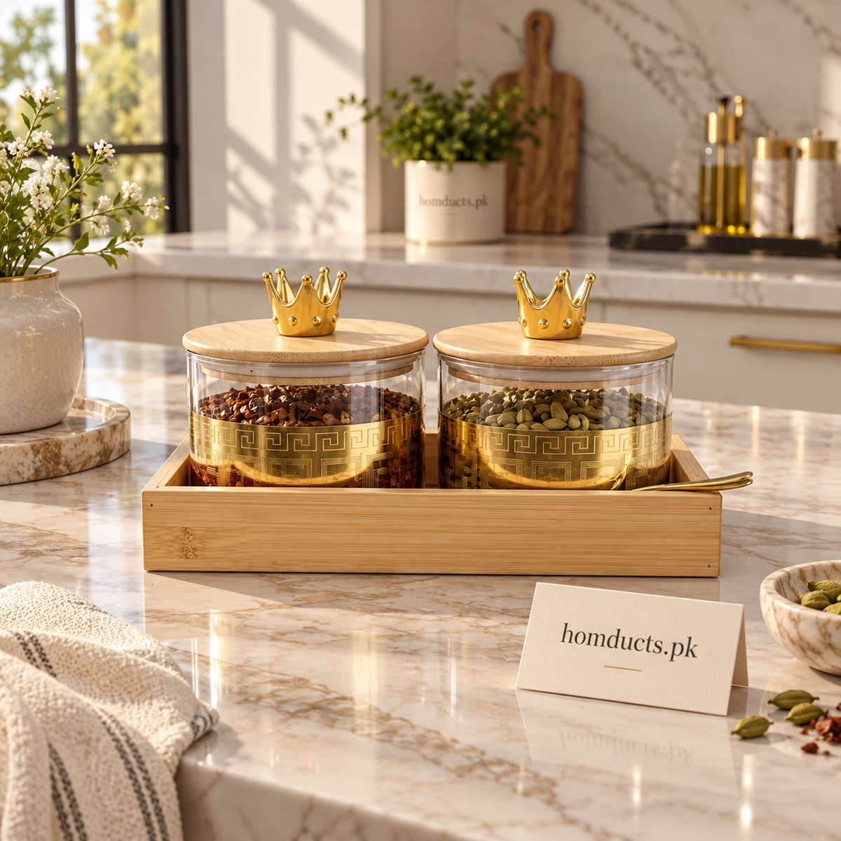 Crown Glass Jar Set with Wooden Tray – 3 Pieces