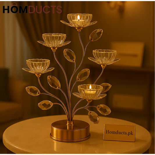 Crystal Bloom Luxe Candle Holder – Golden Floral Tealight Stand