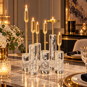 Six piece gold metal and clear crystal candle holder set