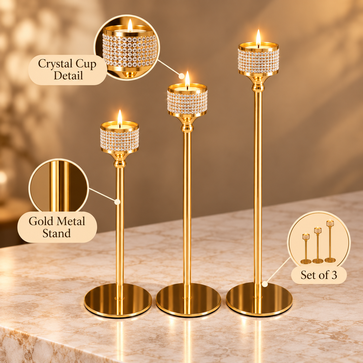 Crystal Cup Gold Candle Stands – Set of 3 product features