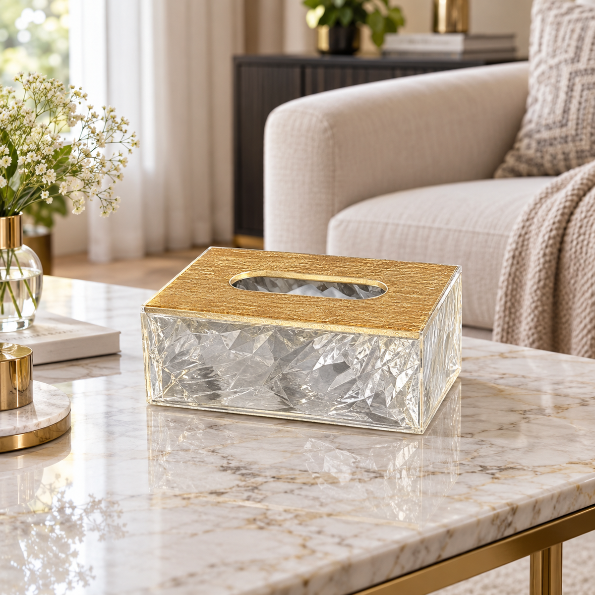 Crystal look tissue box with gold top