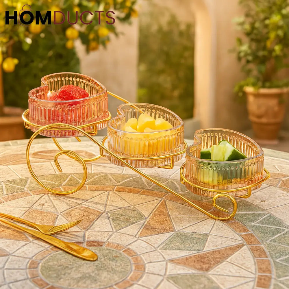 Crystal Heart Snack Bowl Set with Gold Stand – 3pcs Elegant Serving Tray
