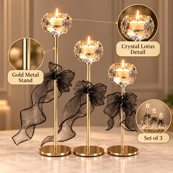 Crystal Lotus Gold Candle Stands – Set of 3 product features