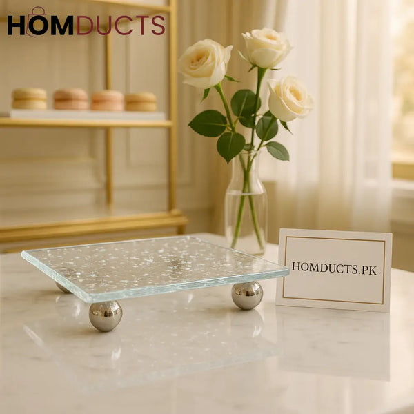 Crystal Luxe Dessert Display Plate with Chrome Ball Legs – Elegant Acrylic Stand for Cakes & Pastries