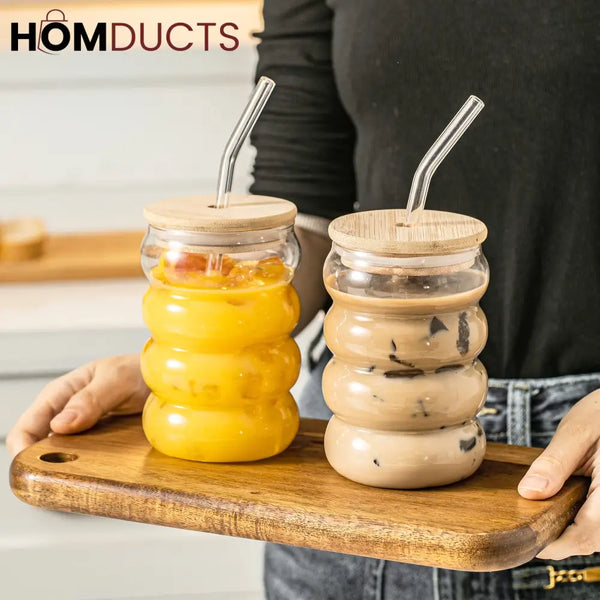 Curvy Glass Tumbler Set with Bamboo Lids & Glass Straws – Aesthetic Iced Coffee & Juice Cups