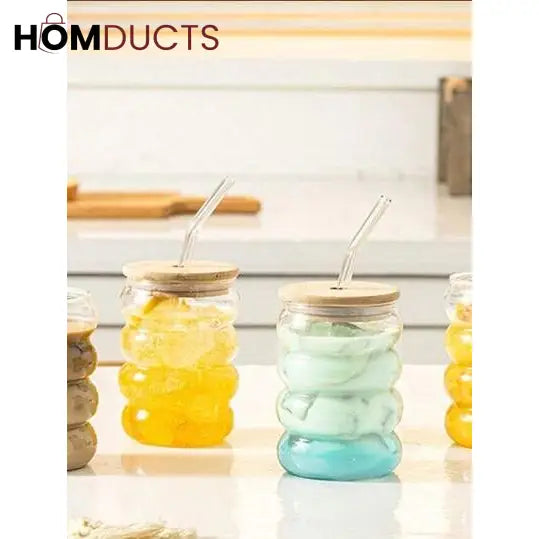 Curvy Glass Tumbler Set with Bamboo Lids & Glass Straws – Aesthetic Iced Coffee & Juice Cups