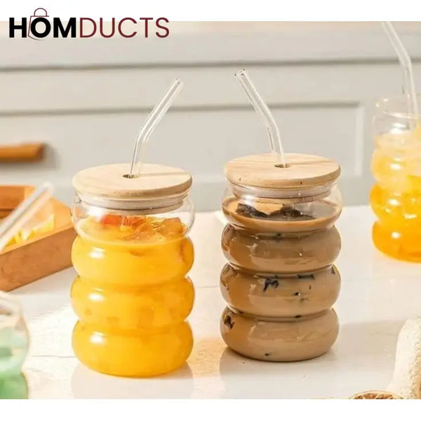 Curvy Glass Tumbler Set with Bamboo Lids & Glass Straws – Aesthetic Iced Coffee & Juice Cups
