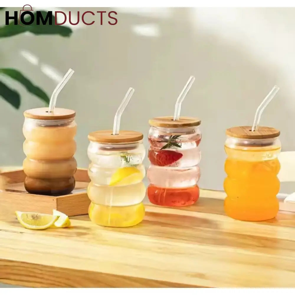 Curvy Glass Tumbler Set with Bamboo Lids & Glass Straws – Aesthetic Iced Coffee & Juice Cups