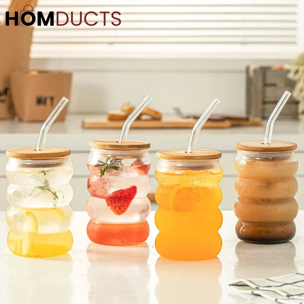 Curvy Glass Tumbler Set with Bamboo Lids & Glass Straws – Aesthetic Iced Coffee & Juice Cups