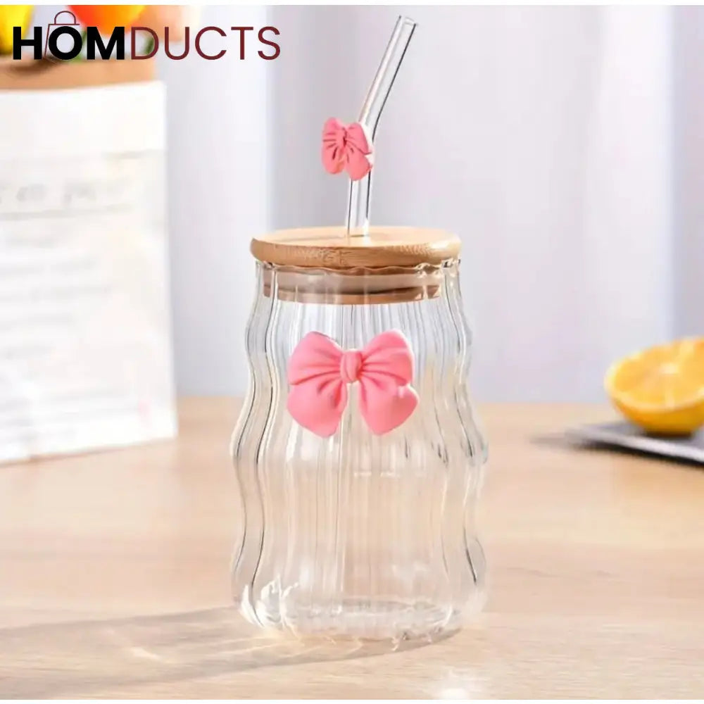Curvy Glass Tumbler Set with Pink Bow Charms – Aesthetic Iced Coffee & Juice Cups with Bamboo Lid and Glass Straw