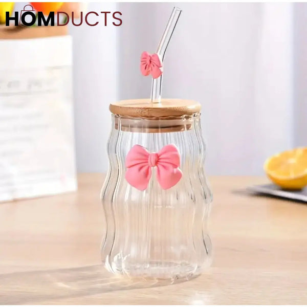 Curvy Glass Tumbler Set with Pink Bow Charms – Aesthetic Iced Coffee & Juice Cups with Bamboo Lid and Glass Straw
