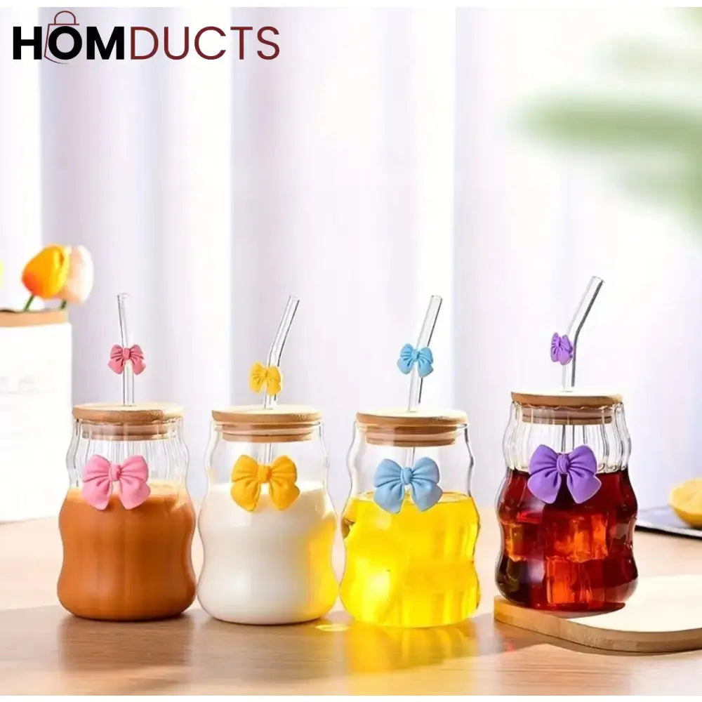 Curvy Glass Tumbler Set with Pink Bow Charms – Aesthetic Iced Coffee & Juice Cups with Bamboo Lid and Glass Straw