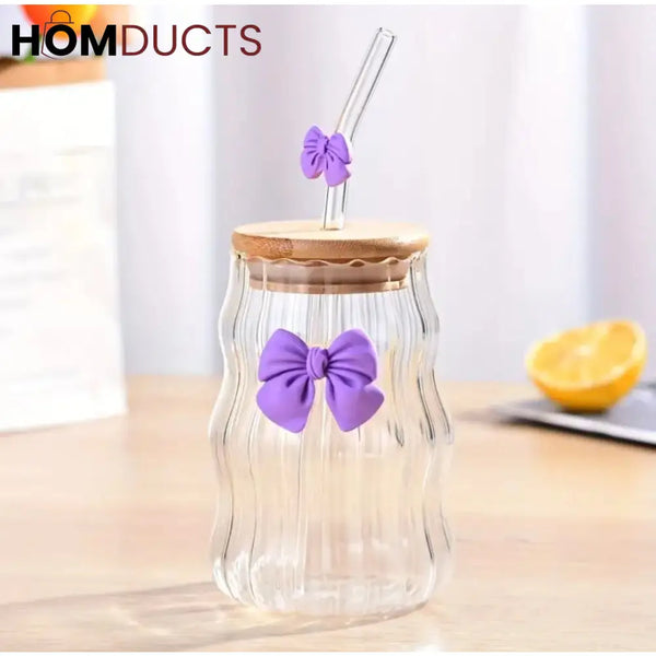 Curvy Glass Tumbler Set with Pink Bow Charms – Aesthetic Iced Coffee & Juice Cups with Bamboo Lid and Glass Straw