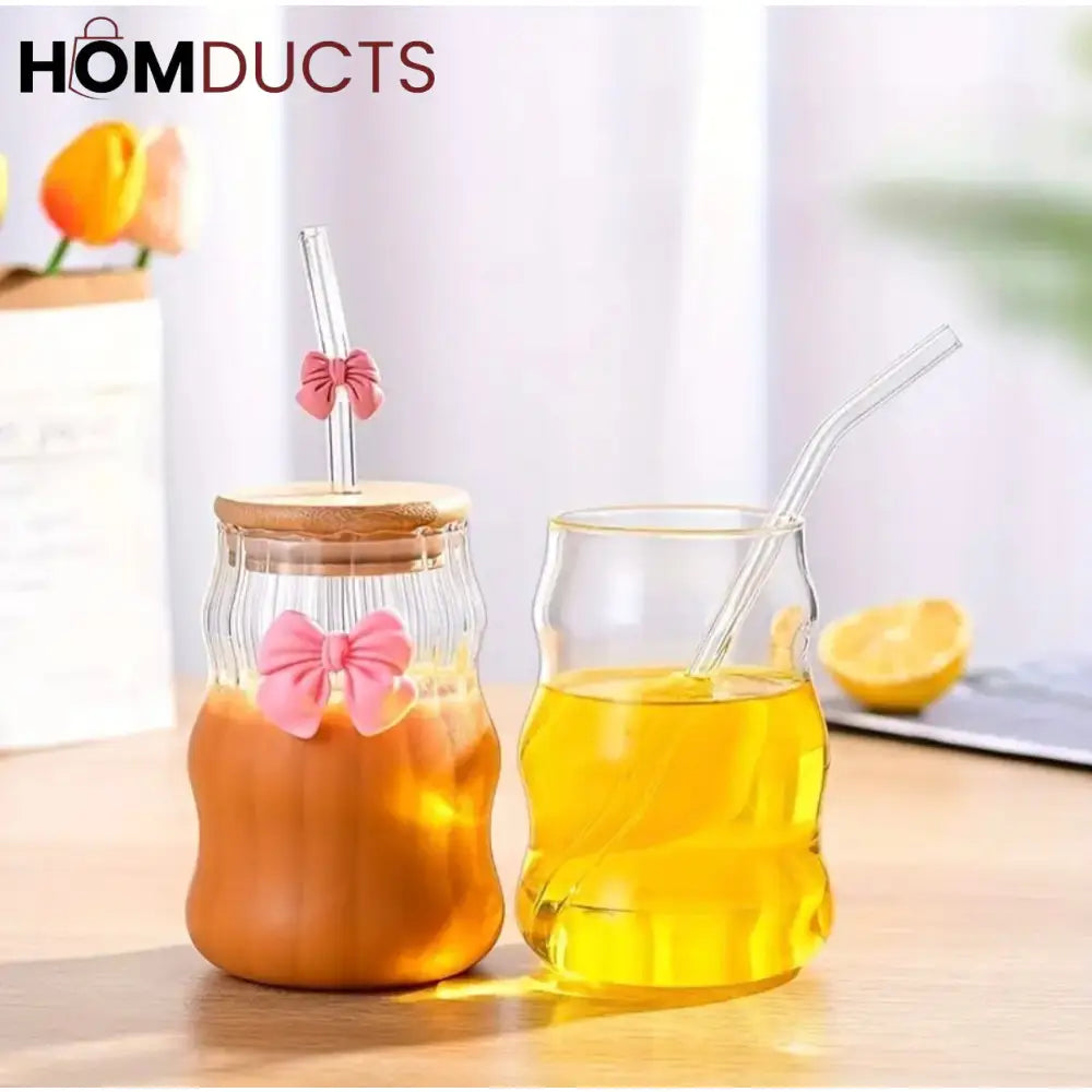 Curvy Glass Tumbler Set with Pink Bow Charms – Aesthetic Iced Coffee & Juice Cups with Bamboo Lid and Glass Straw