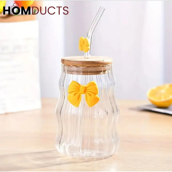 Curvy Glass Tumbler Set with Pink Bow Charms – Aesthetic Iced Coffee & Juice Cups with Bamboo Lid and Glass Straw