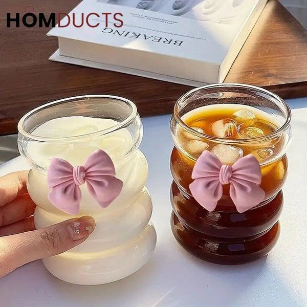 Curvy Glass Tumbler with Pink Bow Straw & Bamboo Lid – Aesthetic Iced Coffee Cup for Girls & Gifting