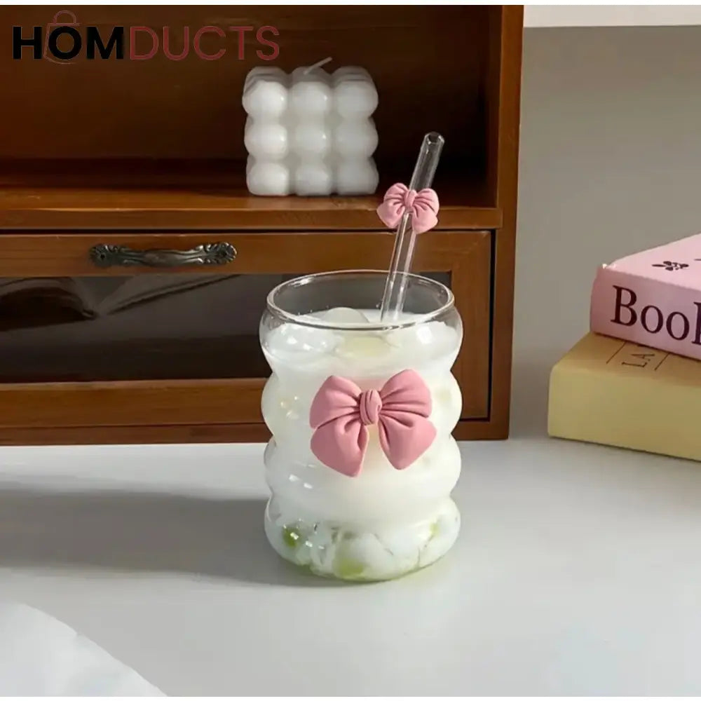 Curvy Glass Tumbler with Pink Bow Straw & Bamboo Lid – Aesthetic Iced Coffee Cup for Girls & Gifting