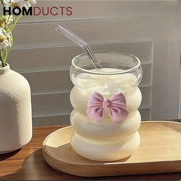 Curvy Glass Tumbler with Pink Bow Straw & Bamboo Lid – Aesthetic Iced Coffee Cup for Girls & Gifting