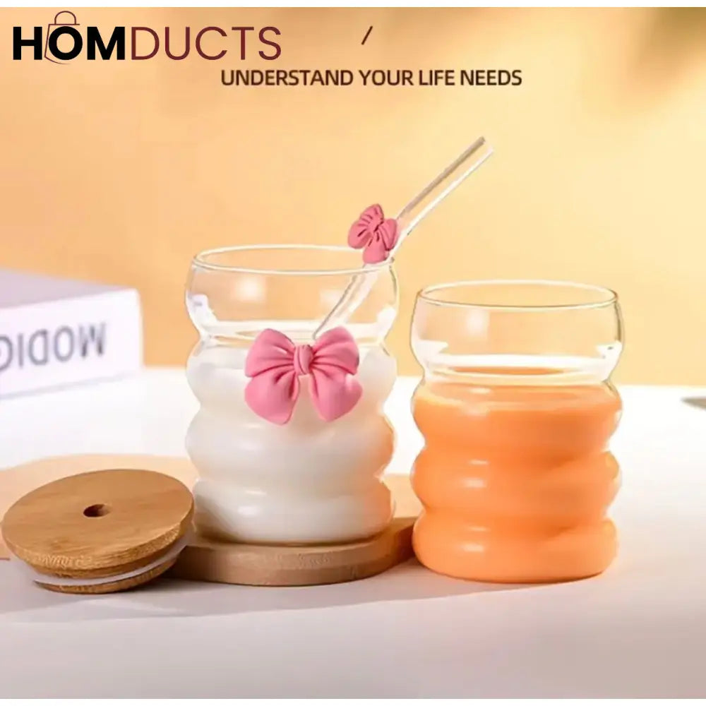 Curvy Glass Tumbler with Pink Bow Straw & Bamboo Lid – Aesthetic Iced Coffee Cup for Girls & Gifting