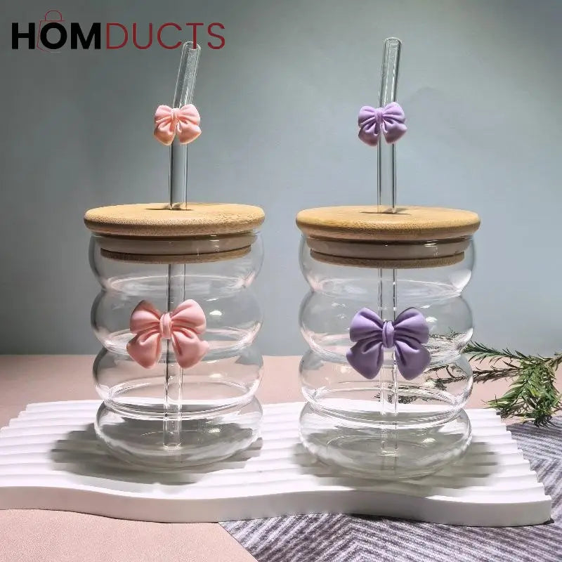 Curvy Glass Tumbler with Pink Bow Straw & Bamboo Lid – Aesthetic Iced Coffee Cup for Girls & Gifting