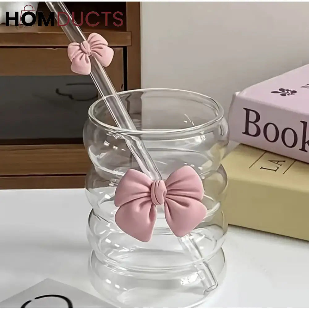 Curvy Glass Tumbler with Pink Bow Straw & Bamboo Lid – Aesthetic Iced Coffee Cup for Girls & Gifting