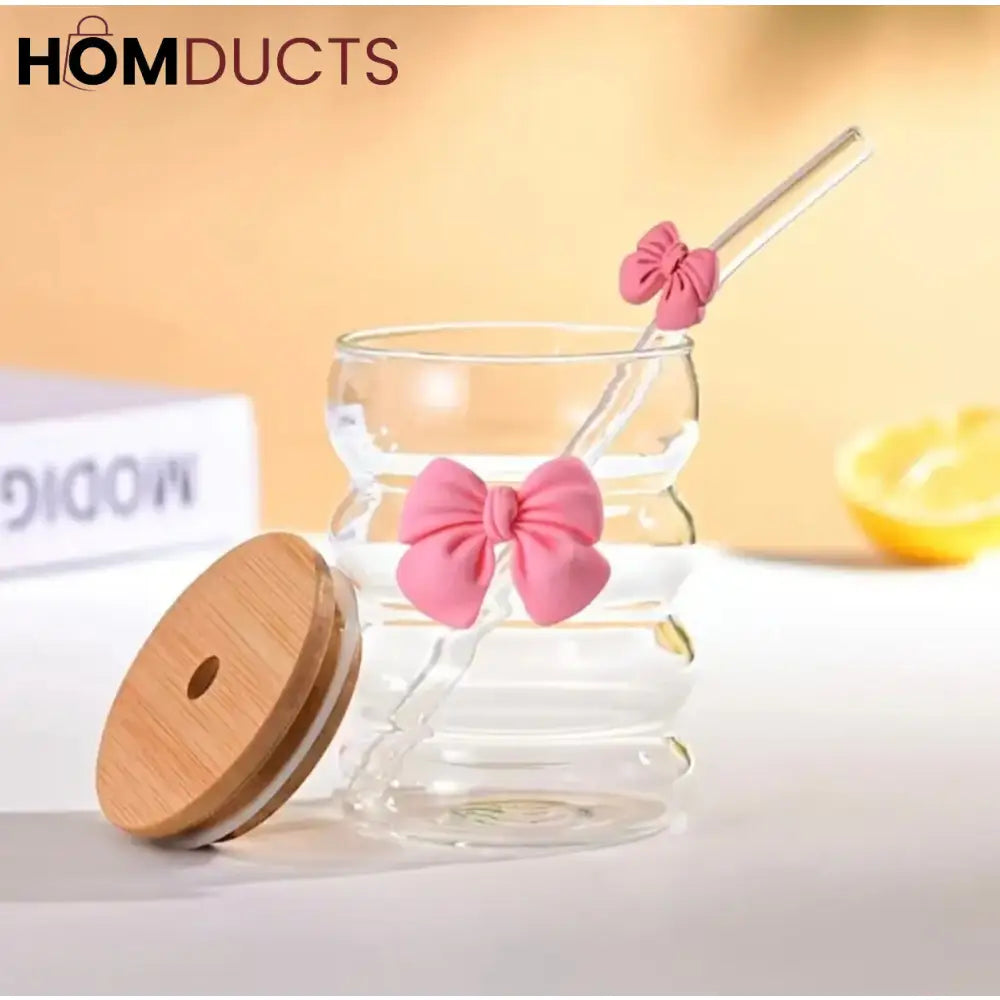 Curvy Glass Tumbler with Pink Bow Straw & Bamboo Lid – Aesthetic Iced Coffee Cup for Girls & Gifting