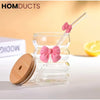Curvy Glass Tumbler with Pink Bow Straw & Bamboo Lid – Aesthetic Iced Coffee Cup for Girls & Gifting