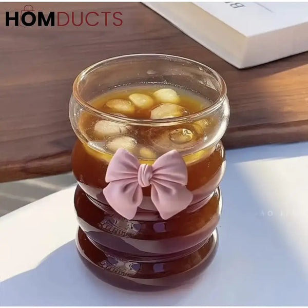 Curvy Glass Tumbler with Pink Bow Straw & Bamboo Lid – Aesthetic Iced Coffee Cup for Girls & Gifting