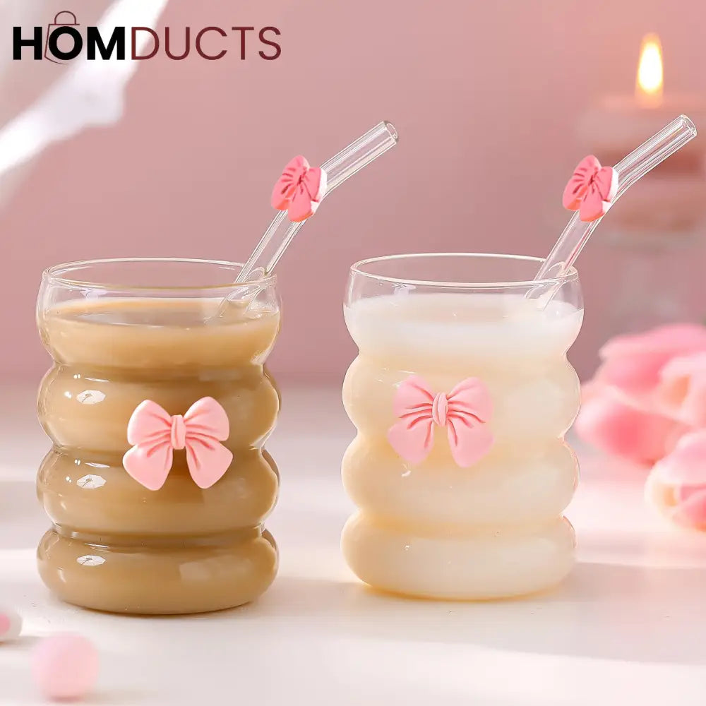 Curvy Glass Tumbler with Pink Bow Straw & Bamboo Lid – Aesthetic Iced Coffee Cup for Girls & Gifting