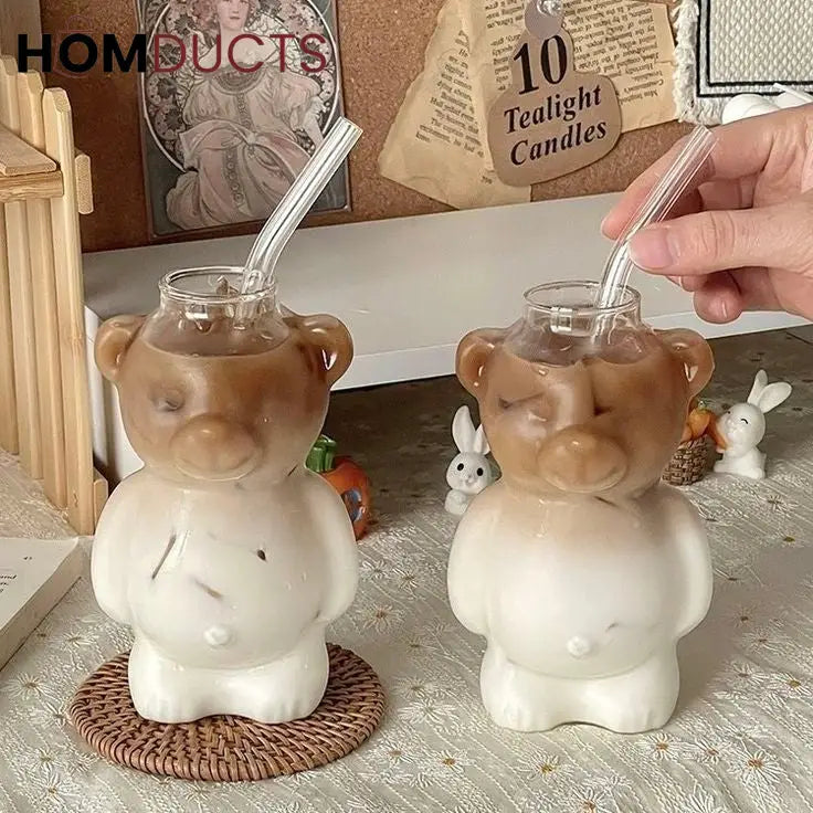 Cute Bear-Shaped Glass Cups– Reusable 3D Animal Drinkware for Coffee Juice & Cocktails