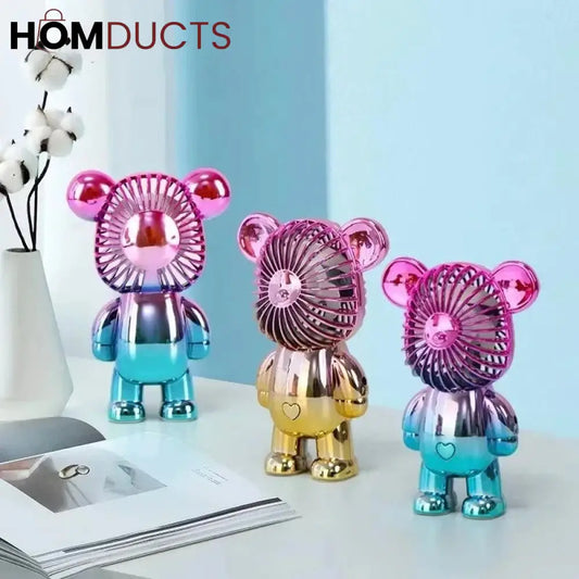 Cute Cartoon Bear Mini Handheld Fan - 3-Speed USB Rechargeable