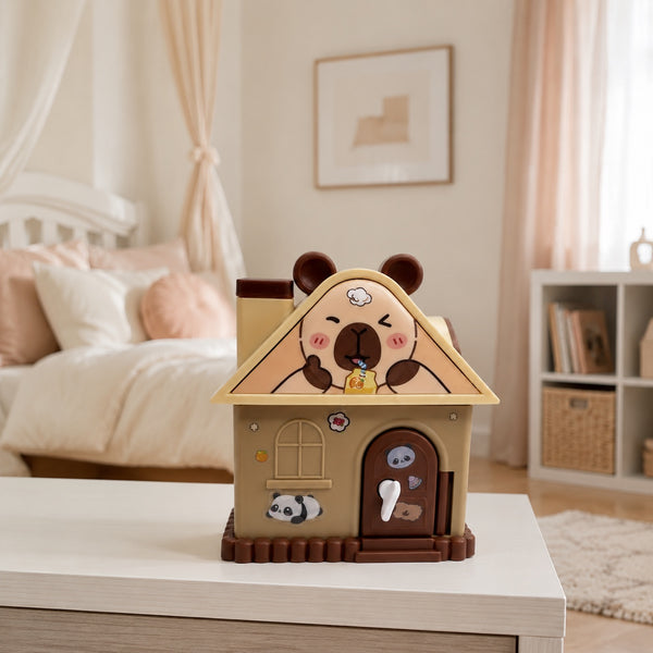 Brown cartoon house money saving box in kids room