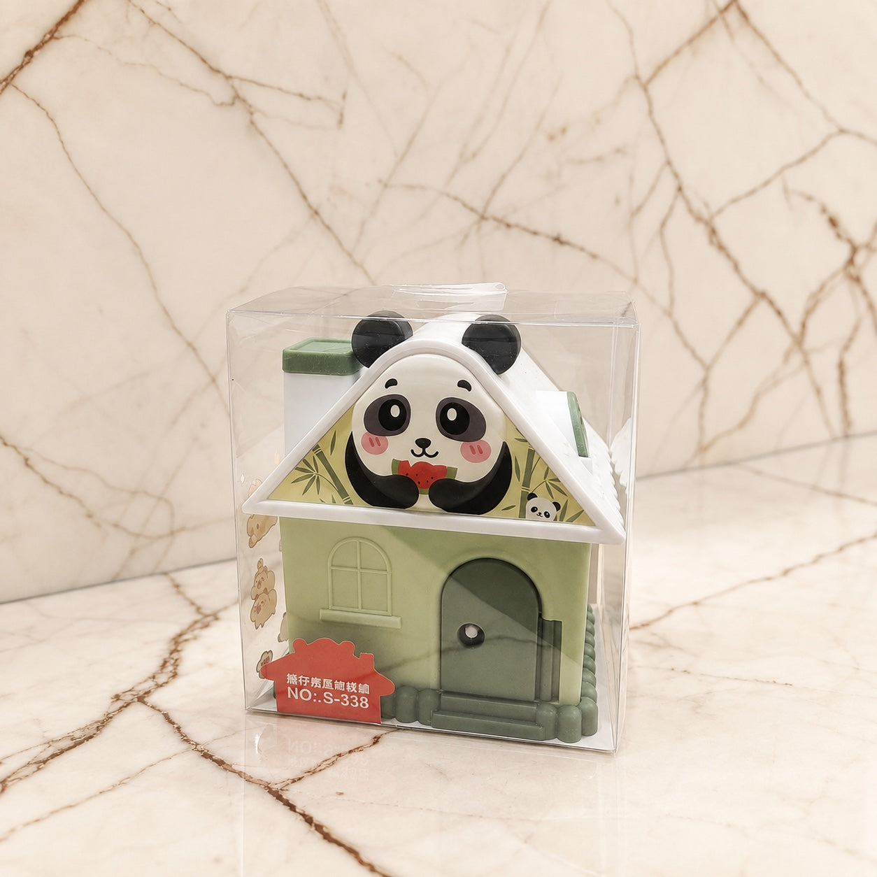 Panda cartoon house money saving box in packaging