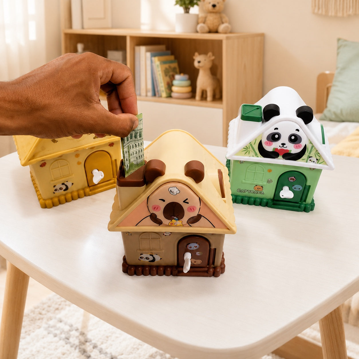 Three cartoon house money saving box designs for kids