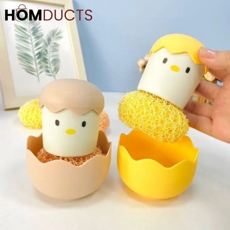 Cute Chick Egg-Shaped Kitchen Sponge Holder with Scrubber – Adorable Dishwashing Tool Organizer