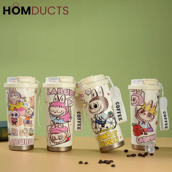 Cute Labubu Cartoon Coffee Tumbler – Insulated Travel Mug with Lid & Strap for Hot and Cold Drinks