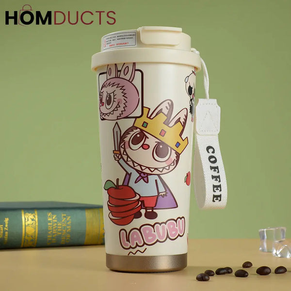 Cute Labubu Cartoon Coffee Tumbler – Insulated Travel Mug with Lid & Strap for Hot and Cold Drinks