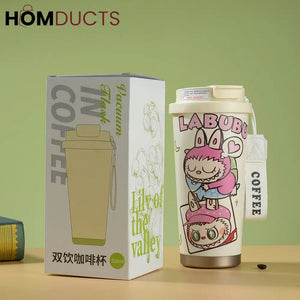 Cute Labubu Cartoon Coffee Tumbler – Insulated Travel Mug with Lid & Strap for Hot and Cold Drinks
