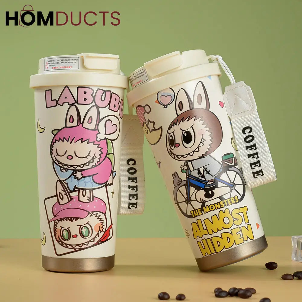 Cute Labubu Cartoon Coffee Tumbler – Insulated Travel Mug with Lid & Strap for Hot and Cold Drinks