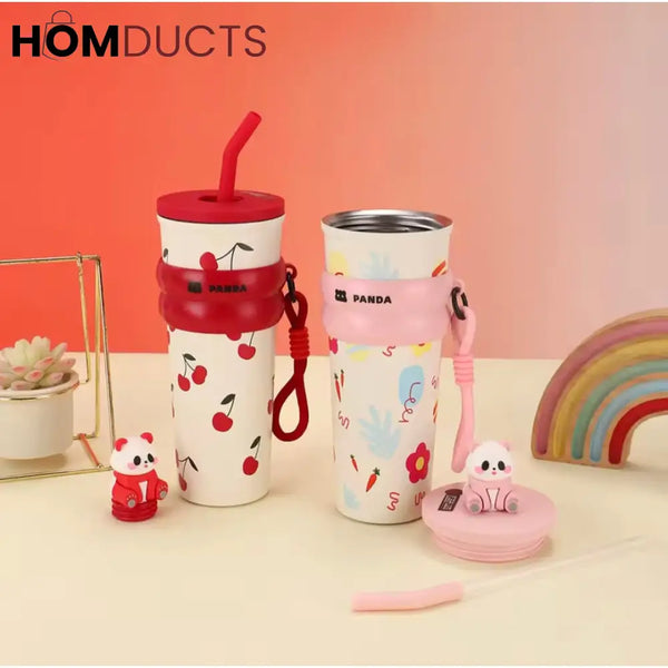 Cute Panda Travel Tumbler with Straw – Leak Proof Portable Cup with Cherry & Bow Design