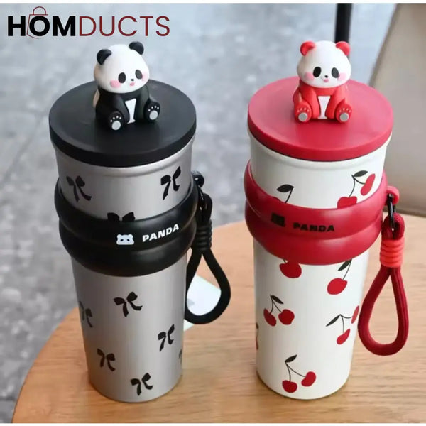 Cute Panda Travel Tumbler with Straw – Leak Proof Portable Cup with Cherry & Bow Design