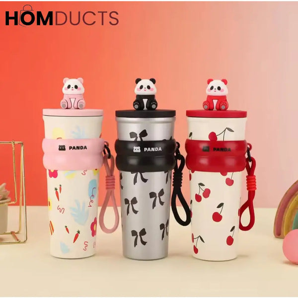 Cute Panda Travel Tumbler with Straw – Leak Proof Portable Cup with Cherry & Bow Design